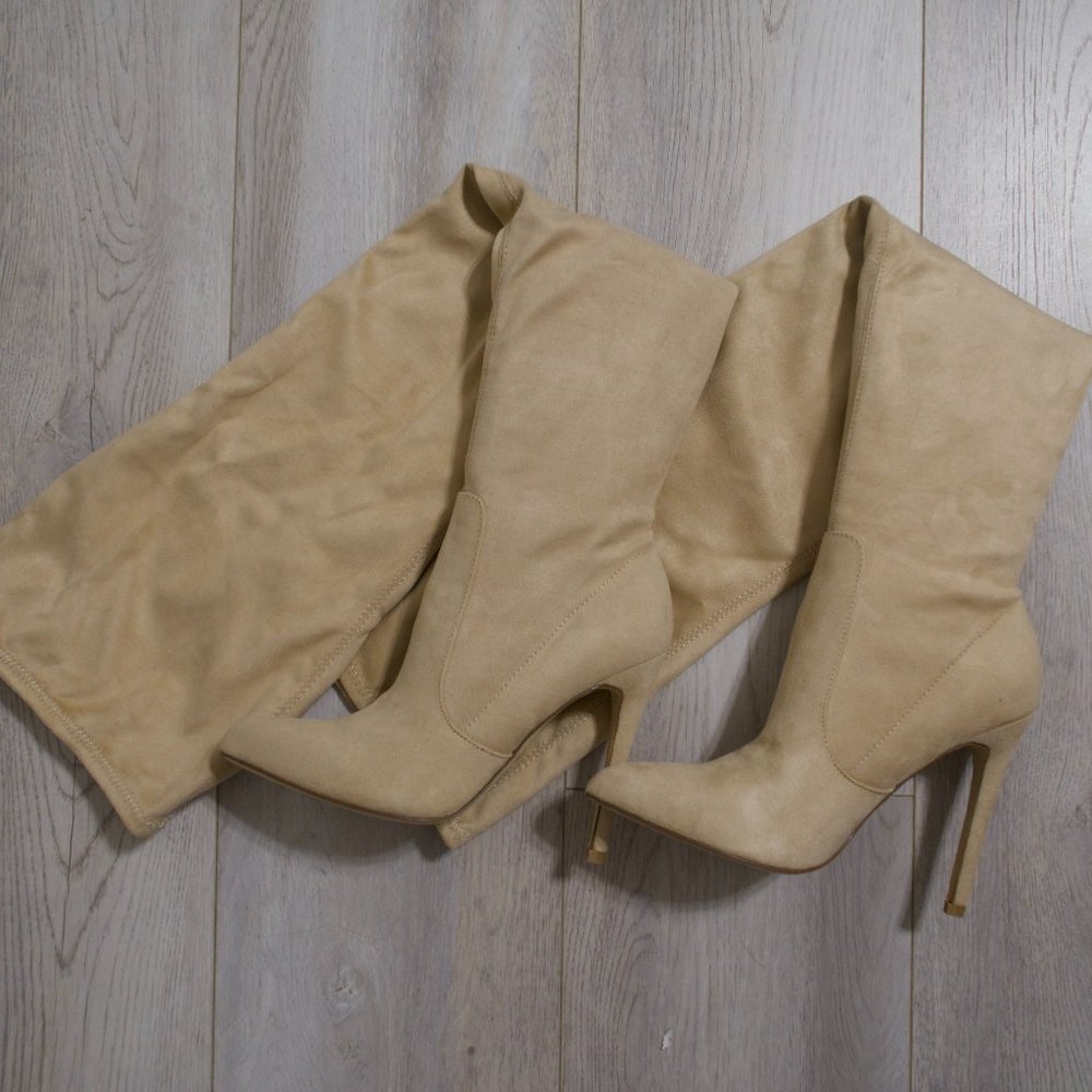 Nude Pointed Over the Knee Faux Suede Boots